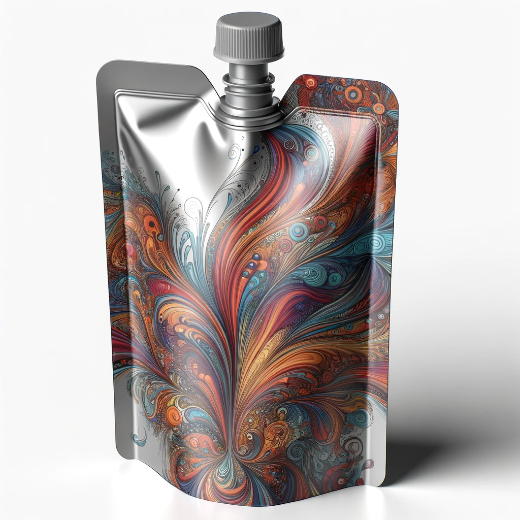 DALL·E 2024-01-30 11.55.30 - A 3D rendering of a spout pouch with a single cap, featuring an intricate and beautiful abstract design. The design showcases a blend of vibrant color